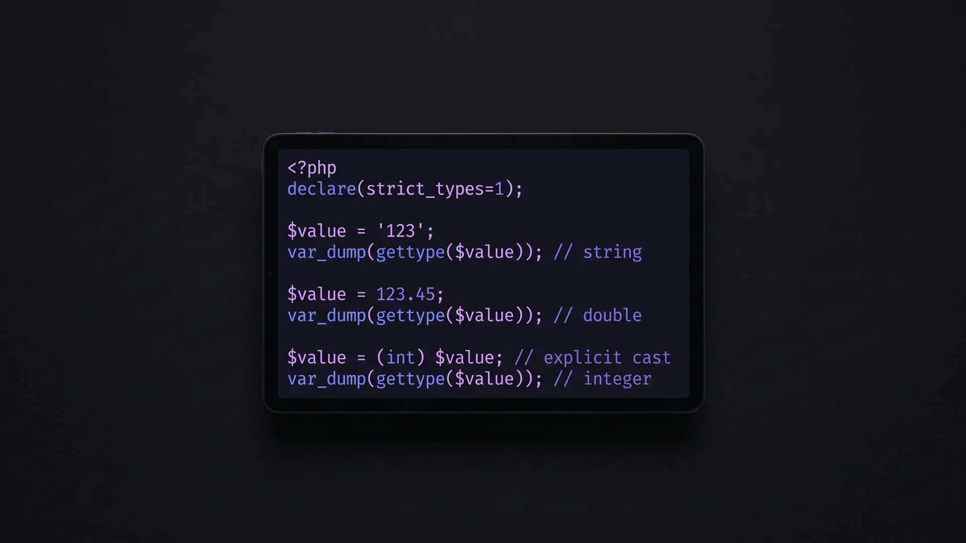 Kapak görseli — siyah zeminde tablet ekranı: declare(strict_types=1) ile açılan kod, gettype çıktıları string, double ve (int) dönüşümünden sonra integer