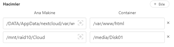 CasaOS'ta NextCloud için volume tanımlama
